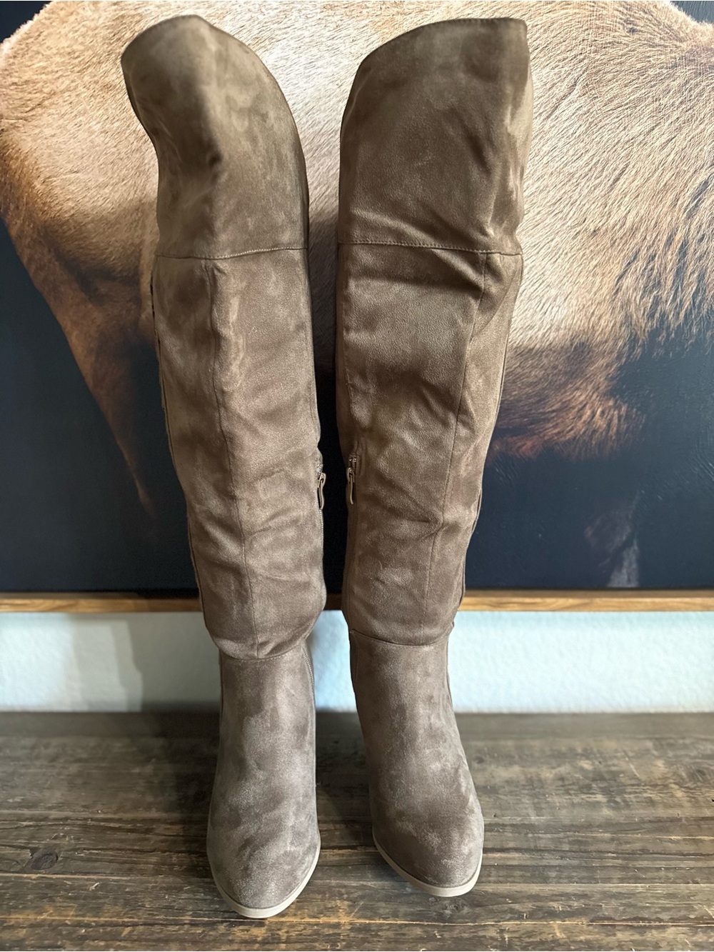 Women's Over-the-Knee wide calf faux Suede Boots in Taupe sz 10 fits like a 9.5